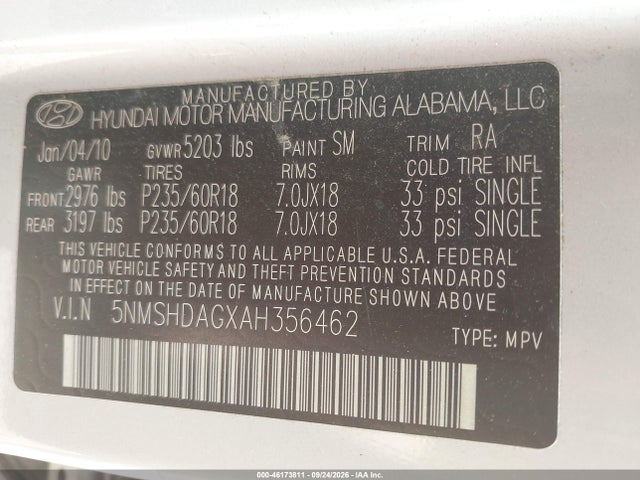 Продажа на аукционе авто 2010 Hyundai Santa Fe Se, vin: 5NMSHDAGXAH356462, номер лота: 46173811