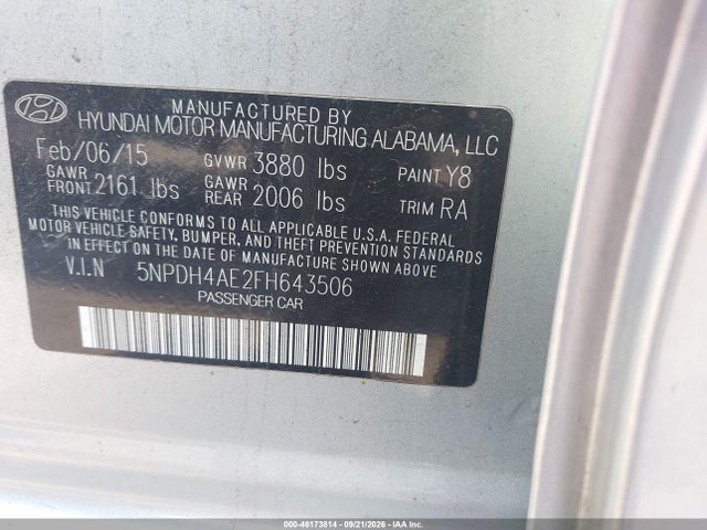 46173814 :رقم المزاد ، 5NPDH4AE2FH643506 vin ، 2015 Hyundai Elantra Se مزاد بيع