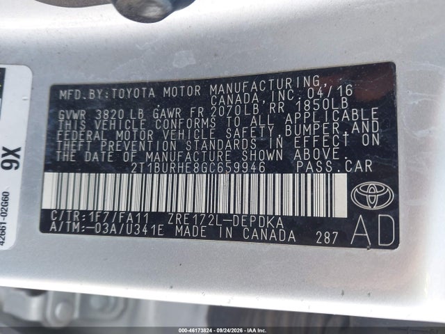 Продажа на аукционе авто 2016 Toyota Corolla L, vin: 2T1BURHE8GC659946, номер лота: 46173824