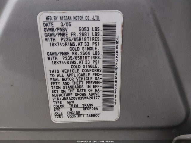2005 Nissan Murano Sl მანქანა იყიდება აუქციონზე, vin: JN8AZ08W35W426177, აუქციონის ნომერი: 46173825