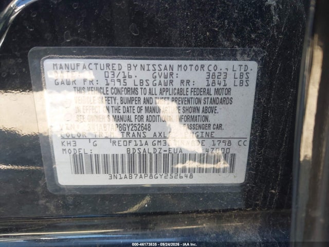 2016 Nissan Sentra Fe+ S/s/sl/sr/sv მანქანა იყიდება აუქციონზე, vin: 3N1AB7AP8GY252648, აუქციონის ნომერი: 46173835