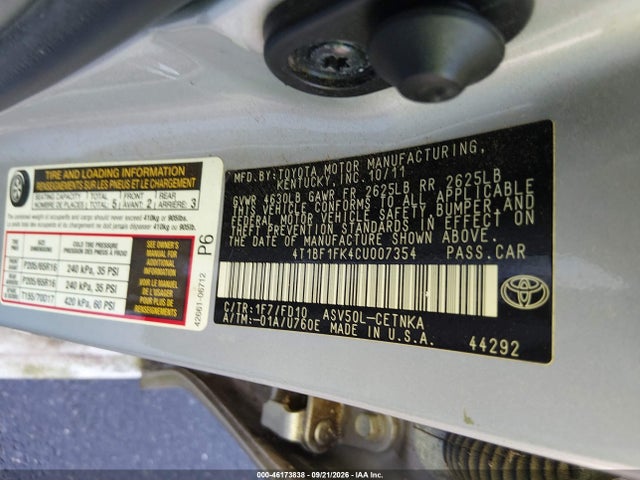 2012 Toyota Camry Le მანქანა იყიდება აუქციონზე, vin: 4T1BF1FK4CU007354, აუქციონის ნომერი: 46173838