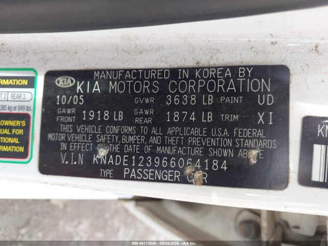 Aukcja sprzedaży 2006 Kia Rio Lx, vin: KNADE123966064184, numer aukcji: 46173840