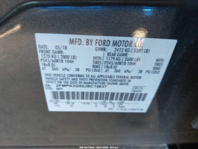 46173843 :رقم المزاد ، 2FMPK3G95JBC19837 vin ، 2018 Ford Edge Se مزاد بيع