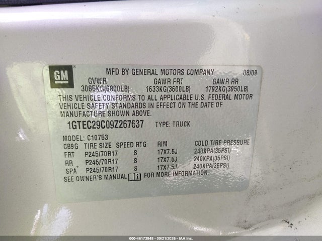 Продаж на аукціоні авто 2009 Gmc Sierra 1500 Sle, vin: 1GTEC29C09Z267637, номер лоту: 46173848