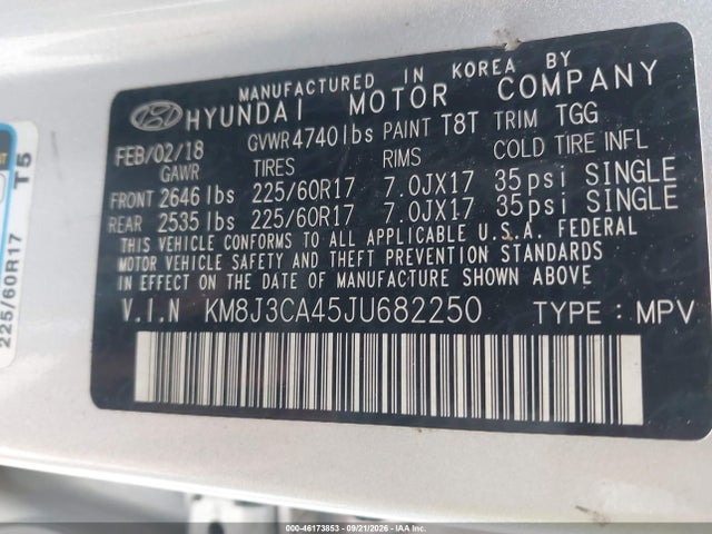 2018 Hyundai Tucson Sel მანქანა იყიდება აუქციონზე, vin: KM8J3CA45JU682250, აუქციონის ნომერი: 46173853