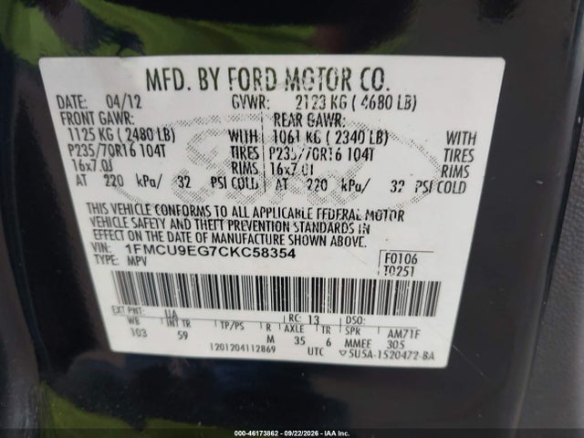 46173862 :رقم المزاد ، 1FMCU9EG7CKC58354 vin ، 2012 Ford Escape Limited مزاد بيع