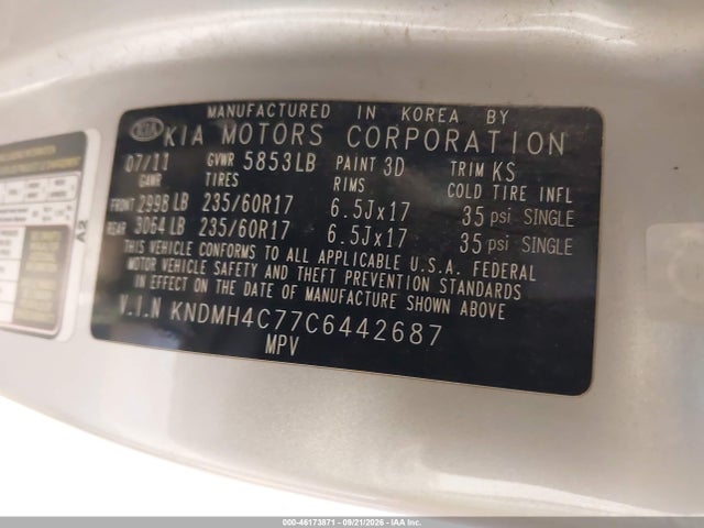 2012 Kia Sedona Ex მანქანა იყიდება აუქციონზე, vin: KNDMH4C77C6442687, აუქციონის ნომერი: 46173871