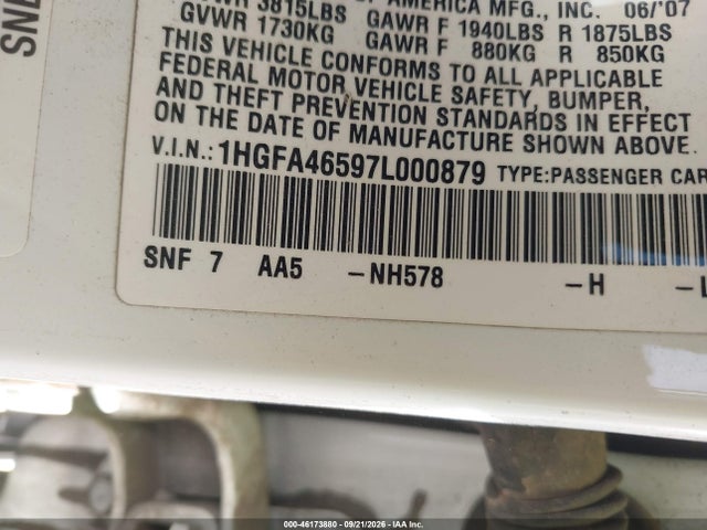 46173880 :رقم المزاد ، 1HGFA46597L000879 vin ، 2007 Honda Civic Gx مزاد بيع