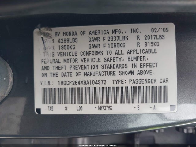 Продаж на аукціоні авто 2009 Honda Accord 2.4 Lx-p, vin: 1HGCP264X9A104972, номер лоту: 46173881