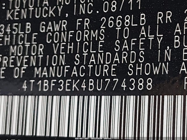 46173887 :رقم المزاد ، 4T1BF3EK4BU774388 vin ، 2011 Toyota Camry Le مزاد بيع
