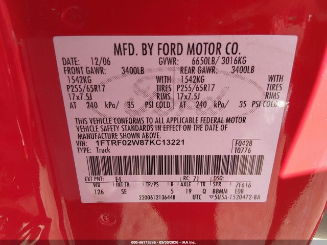 Aukcja sprzedaży 2007 Ford F-150 Stx/xlt, vin: 1FTRF02W87KC13221, numer aukcji: 46173896