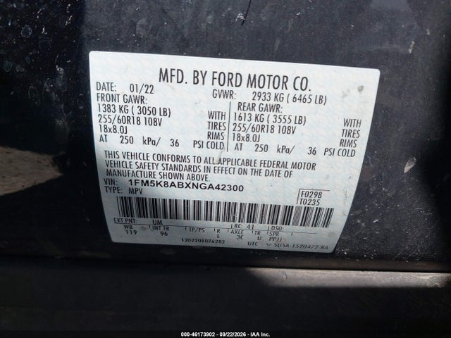 2022 Ford Police Interceptor Utility მანქანა იყიდება აუქციონზე, vin: 1FM5K8ABXNGA42300, აუქციონის ნომერი: 46173902