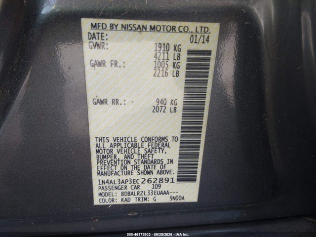 Продажа на аукционе авто 2014 Nissan Altima 2.5/2.5 S/2.5 Sl/2.5 Sv, vin: 1N4AL3AP3EC262891, номер лота: 46173903