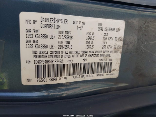 46173905 :رقم المزاد ، 1D4GP24R87B167402 vin ، 2007 Dodge Grand Caravan Se مزاد بيع