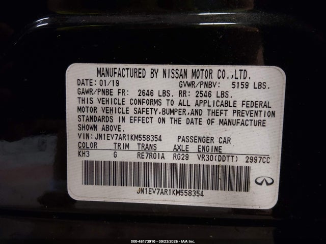 Aukcja sprzedaży 2019 Infiniti Q50 3.0t Luxe, vin: JN1EV7AR1KM558354, numer aukcji: 46173910