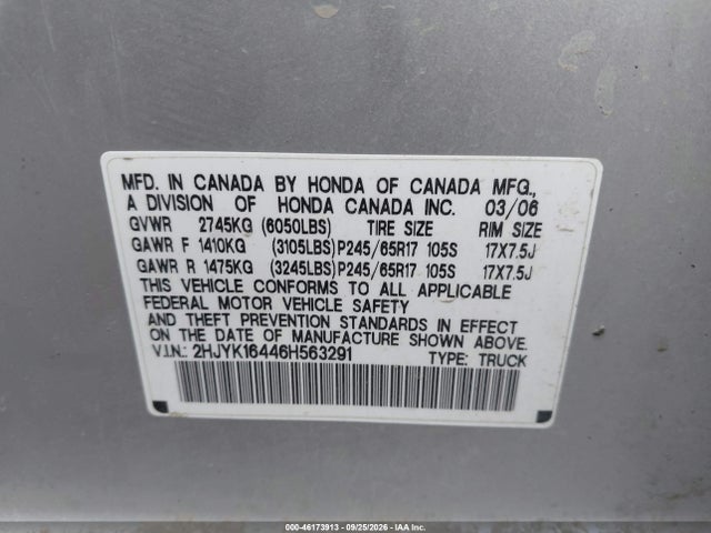 Продаж на аукціоні авто 2006 Honda Ridgeline Rts, vin: 2HJYK16446H563291, номер лоту: 46173913