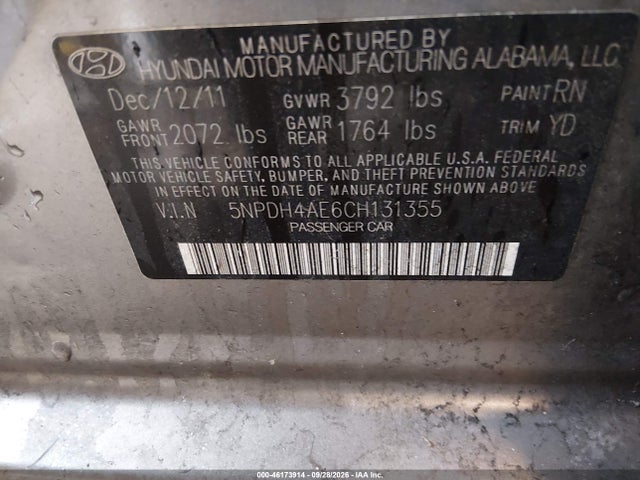 Продаж на аукціоні авто 2012 Hyundai Elantra Gls, vin: 5NPDH4AE6CH131355, номер лоту: 46173914