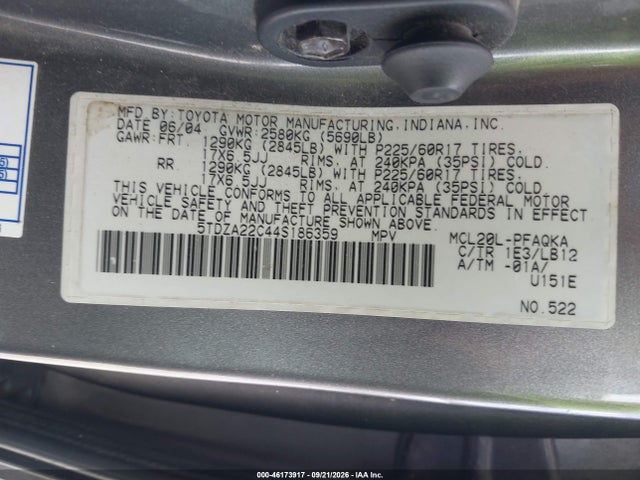 46173917 :رقم المزاد ، 5TDZA22C44S186359 vin ، 2004 Toyota Sienna Xle Limited مزاد بيع