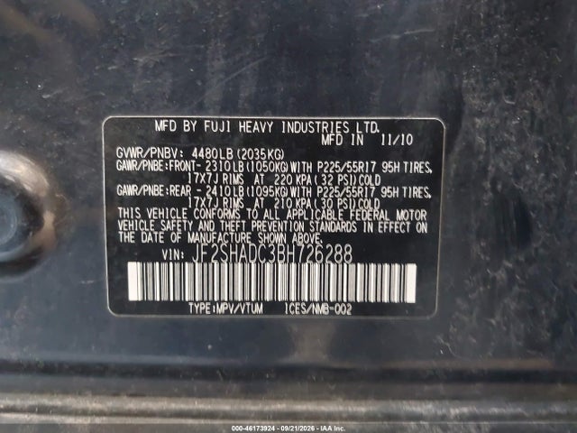 46173924 :رقم المزاد ، JF2SHADC3BH726288 vin ، 2011 Subaru Forester 2.5x Premium مزاد بيع