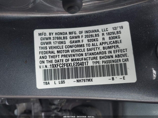 Honda Civic Lx 2020 19XFC2F6XLE204017 Image 9