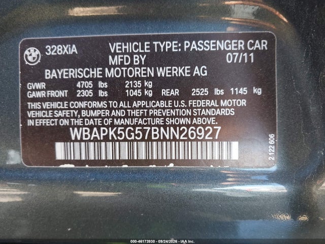 46173930 :رقم المزاد ، WBAPK5G57BNN26927 vin ، 2011 Bmw 328i Xdrive مزاد بيع