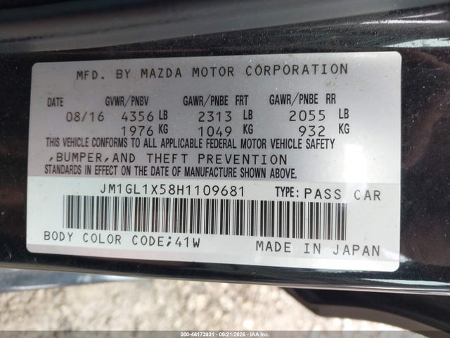 Продажа на аукционе авто 2017 Mazda Mazda6 Grand Touring, vin: JM1GL1X58H1109681, номер лота: 46173931