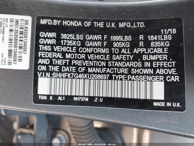 2019 Honda Civic Sport მანქანა იყიდება აუქციონზე, vin: SHHFK7G46KU208697, აუქციონის ნომერი: 46173966