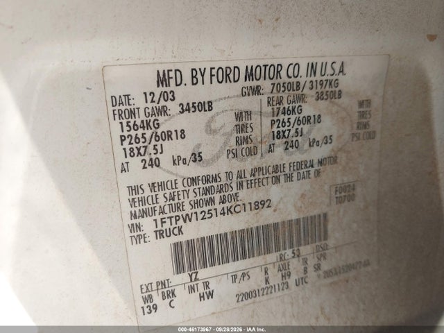 Продаж на аукціоні авто 2004 Ford F-150 Lariat/xlt, vin: 1FTPW12514KC11892, номер лоту: 46173967