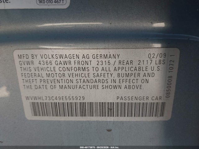 Продаж на аукціоні авто 2009 Volkswagen Cc Luxury, vin: WVWHL73C49E555929, номер лоту: 46173970