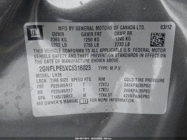 46173974 :رقم المزاد ، 2GNFLPE5XC6316023 vin ، 2012 Chevrolet Equinox 2lt مزاد بيع