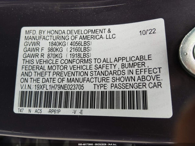 19XFL1H79NE023705 Honda Civic Ex-l