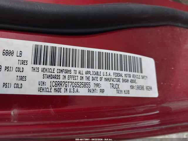 2013 Ram 1500 Big Horn მანქანა იყიდება აუქციონზე, vin: 1C6RR7GT7DS525855, აუქციონის ნომერი: 46173981