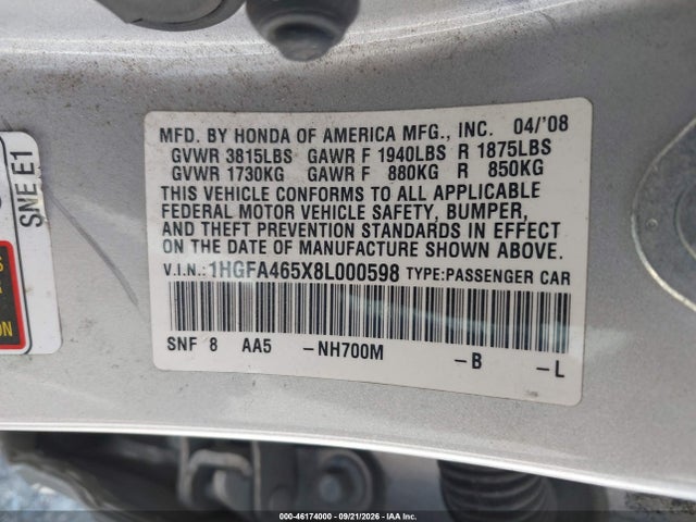 46174000 :رقم المزاد ، 1HGFA465X8L000598 vin ، 2008 Honda Civic Gx مزاد بيع