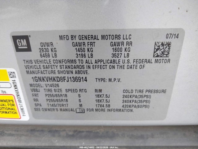 Chevrolet Traverse 2lt 2015 1GNKVHKD8FJ136914 Image 9