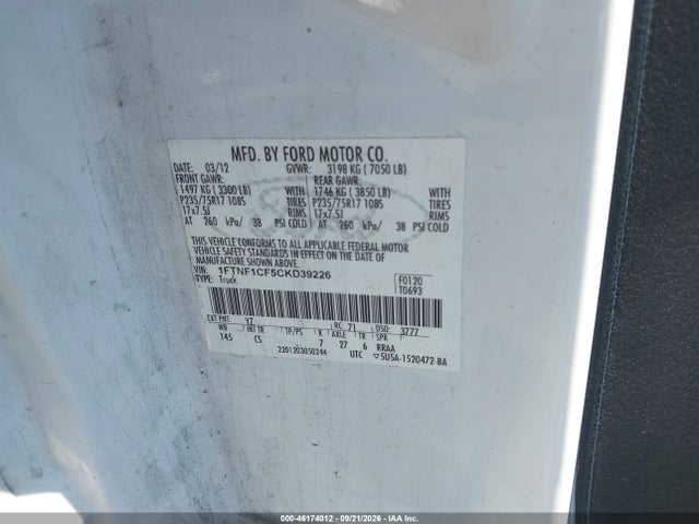 Aukcja sprzedaży 2012 Ford F-150 Xl, vin: 1FTNF1CF5CKD39226, numer aukcji: 46174012