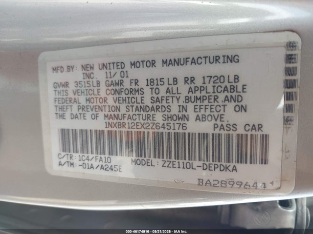 Продажа на аукционе авто 2002 Toyota Corolla Le, vin: 1NXBR12EX2Z645176, номер лота: 46174016