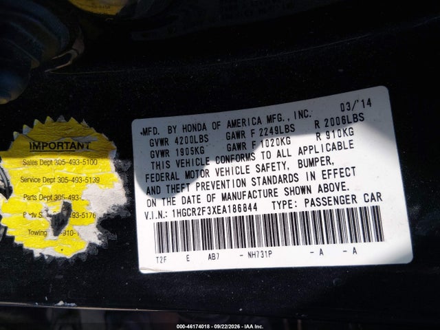 2014 Honda Accord Lx მანქანა იყიდება აუქციონზე, vin: 1HGCR2F3XEA186844, აუქციონის ნომერი: 46174018