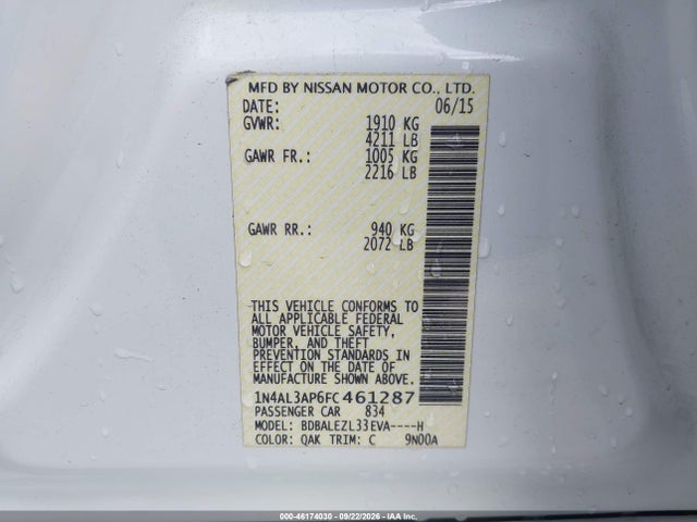 2015 Nissan Altima 2.5 S მანქანა იყიდება აუქციონზე, vin: 1N4AL3AP6FC461287, აუქციონის ნომერი: 46174030