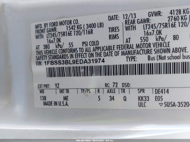 46174039 :رقم المزاد ، 1FBSS3BL9EDA31974 vin ، 2014 Ford E-350 Super Duty Xlt مزاد بيع
