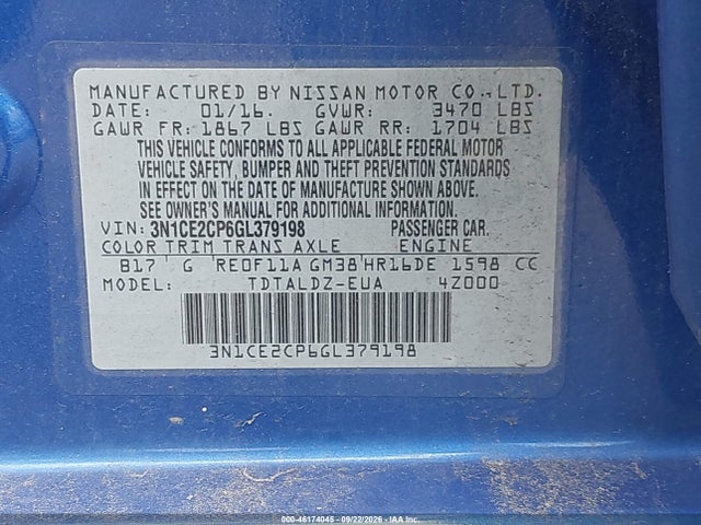 Aukcja sprzedaży 2016 Nissan Versa Note S (sr)/s Plus/sl/sr/sv, vin: 3N1CE2CP6GL379198, numer aukcji: 46174045
