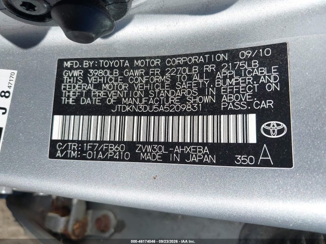 46174046 :رقم المزاد ، JTDKN3DU5A5209831 vin ، 2010 Toyota Prius Iii مزاد بيع