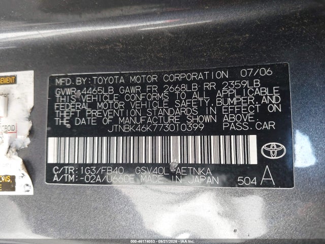 Aukcja sprzedaży 2007 Toyota Camry Le V6, vin: JTNBK46K773010399, numer aukcji: 46174053