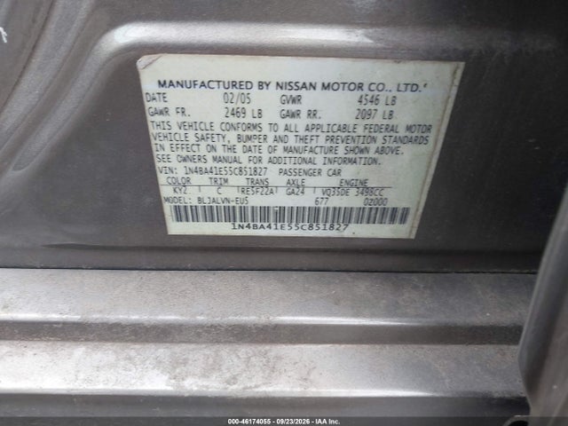 2005 Nissan Maxima 3.5 Sl მანქანა იყიდება აუქციონზე, vin: 1N4BA41E55C851827, აუქციონის ნომერი: 46174055