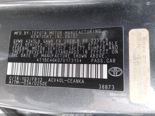 Продаж на аукціоні авто 2007 Toyota Camry Le, vin: 4T1BE46K07U173154, номер лоту: 46174060