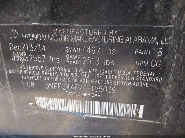 Aukcja sprzedaży 2015 Hyundai Sonata Se, vin: 5NPE24AF2FH155039, numer aukcji: 46174062