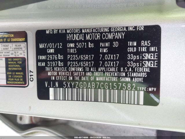 Aukcja sprzedaży 2012 Hyundai Santa Fe Gls, vin: 5XYZGDAB7CG157582, numer aukcji: 46174066