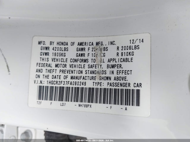 Продажа на аукционе авто 2015 Honda Accord Lx, vin: 1HGCR2F37FA090249, номер лота: 46174078