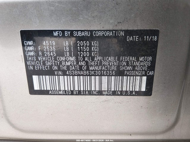 Продаж на аукціоні авто 2019 Subaru Legacy 2.5i, vin: 4S3BNAB63K3016356, номер лоту: 46174085