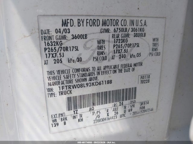Продажа на аукционе авто 2003 Ford F-150 Lariat/xlt, vin: 1FTRW08L93KD61188, номер лота: 46174088